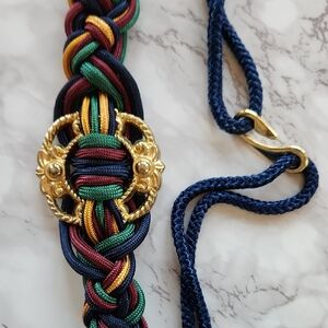 80s/90s Navy, Burgundy, Gold and Green Braided Cord Belt with Gold Medallion